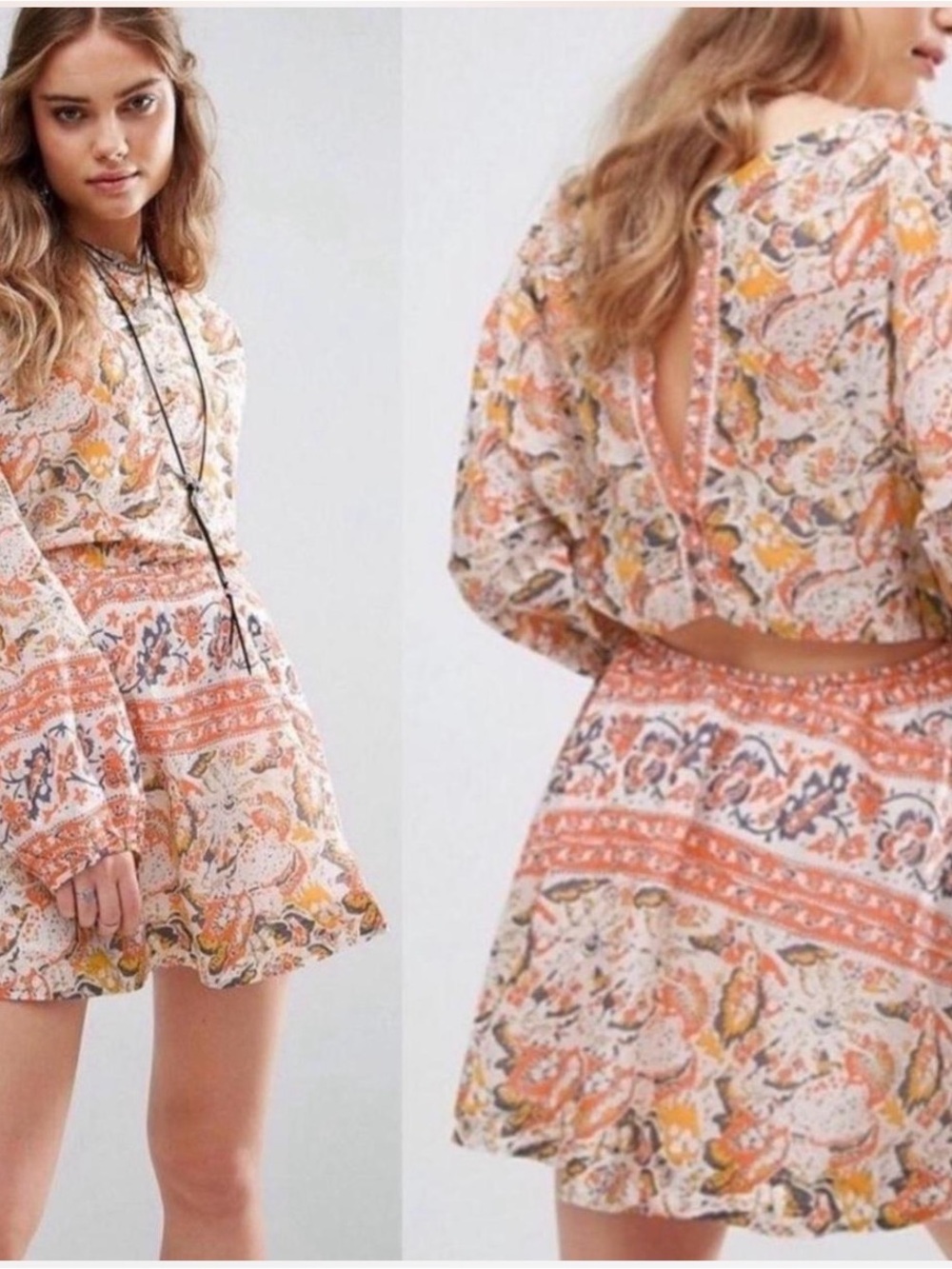 Free People Orange & Cream Paisley mini dress